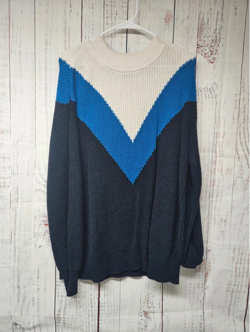 Joe Fresh Women’s Large Colorblock Chevron Chunky Knit Sweater Blue Cream Navy